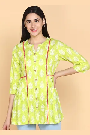 Aturabi Floral Printed V-Neck Pure Cotton Panelled A-Line Kurti