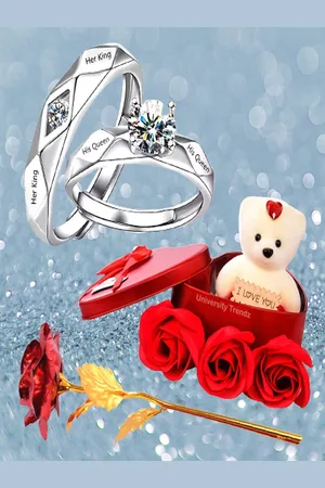 University Set Of 2 Silver-Plated Couple Ring With Artificial Rose and Mini Teddy