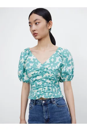 Urban Revivo Floral Print Puff Sleeve Cotton Crop Top