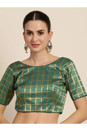 Mimosa Women Teal Green & Golden Woven Design Readymade Saree Blouse