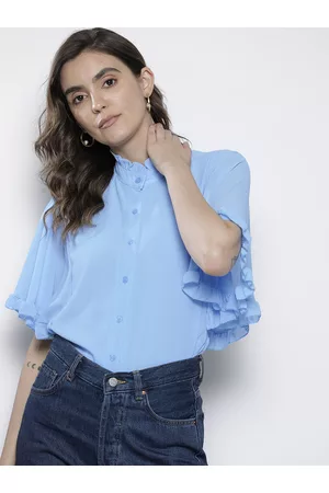 Boohoo Blue Mandarin Collar Ruffles Top