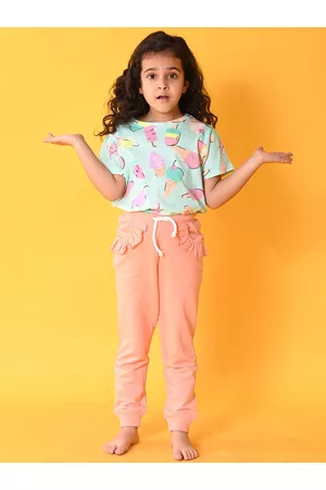 Anthrilo Girls Printed Pure Cotton T-shirt with Joggers