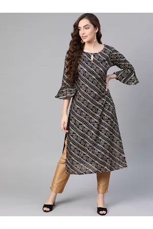 MBE Women Navy Blue & Beige Bandhani Printed Keyhole Neck Bell Sleeves Indigo Kurta