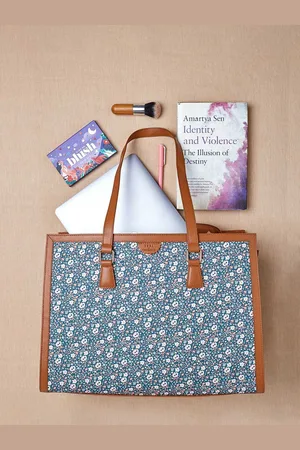 TEAL Floral Printed Structured Tote Bag