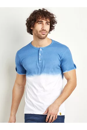 Campus White & Blue Tie & Dye Henley Neck Cotton T-shirt