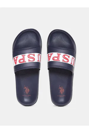 men navy blue printed sliders