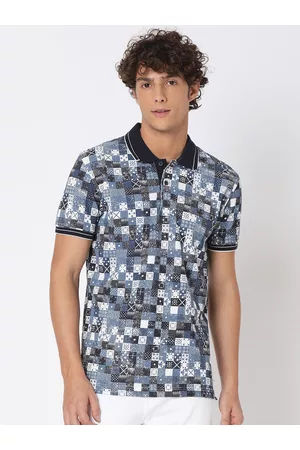 Mufti Men Navy Blue Printed Polo Collar Slim Fit Pure Cotton T-shirt