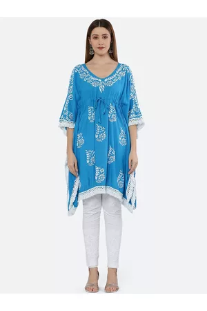FAWOMENT Flared Sleeves Ethnic Motifs Chikankari Printed Kaftan Kurta