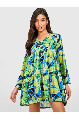 Boohoo Printed Puff Sleeve A-Line Tiered Mini Dress