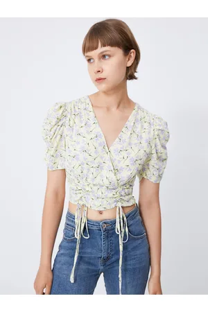 Urban Revivo Floral Printed Smocked Detail Wrap Crop Top