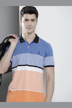 Nautica Men Pure Cotton Striped Polo Collar T-shirt