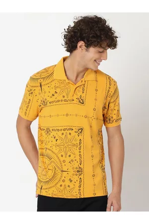 Mufti Men Mustard Yellow & Black Printed Polo Collar Slim Fit Pure Cotton T-shirt