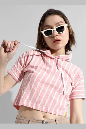 Campus Vertical Striped Hooded Cotton Crop Top