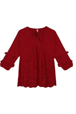 Ishin Maroon Floral Embroidered Tie-Up Neck Accordion Pleats Regular Top