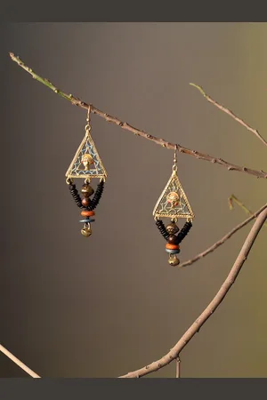 Aakriti Art Creations Brass Plated Triangular Wooden Drop Earrings