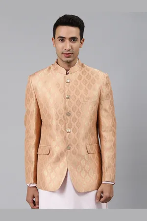 MANQ Men Peach Self-Design Slim Fit Bandhgala Blazer