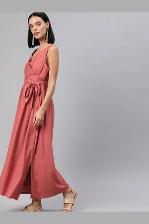 HERE&NOW Women Red Solid Maxi Dress with Tie-Ups