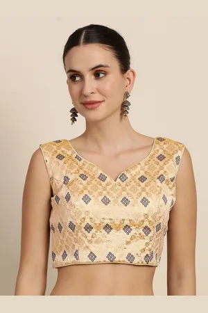 Mimosa Women Beige & Blue Woven Design Readymade Saree Blouse