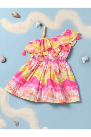 Nauti Nati Infant Girls Pink & Yellow Printed Fit and Flare Dress