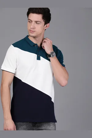 WROGN Men Teal Blue White Slim Fit Colourblocked Polo Collar Pure Cotton T-shirt