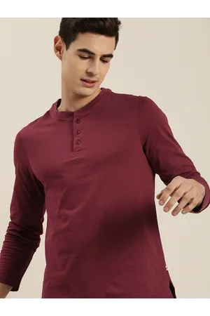 Invictus Men Maroon Solid Pure Cotton Henley Neck Pure Cotton T-shirt