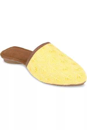 DESI COLOUR Women Yellow Embroidered Mules Flats