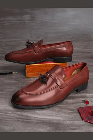 MUTAQINOTI Men Red Patent Tasseled Leather Loafers