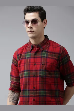 The Bear House Men Red & Green Classic Slim Fit Tartan Checked Casual Shirt