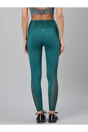 Fitkin Women Teal Green Solid Quick Dry High-Rise Training Tights With Mesh Details