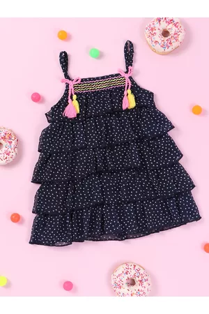 Nauti Nati Girls Navy Blue Printed Layered A-Line Dress with Bow Detail with Tassels