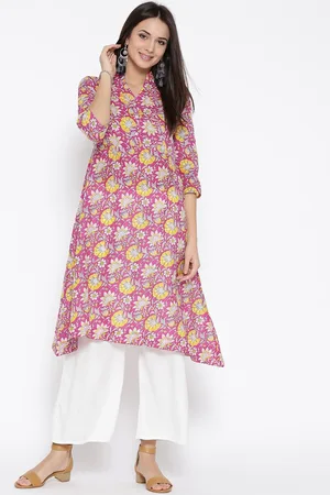 Sera Women Pink & Yellow Printed A-Line Asymmetric Kurta
