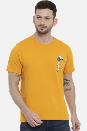 Bushirt Men Mustard Yellow Printed Round Neck Pure Cotton T-shirt