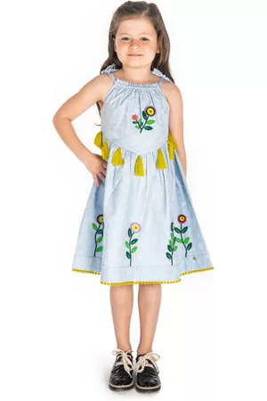 Cherry Crumble Girls Blue Self Design A-Line Dress