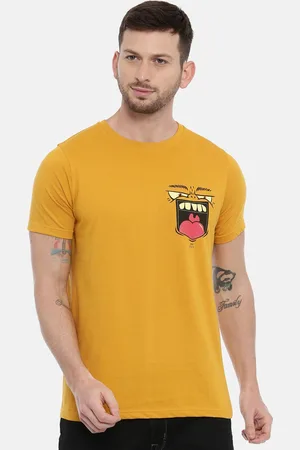 Bushirt Men Mustard Yellow Printed Round Neck Pure Cotton T-shirt