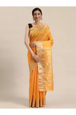 Kalini Mustard Yellow & Golden Solid Zari Silk Cotton Solid Saree