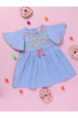 Nauti Nati Girls Blue Floral Embroidered A-Line Dress