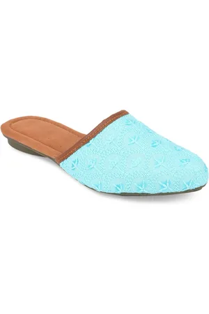 DESI COLOUR Women Blue Embellished Mules Flats