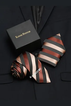 LOUIS STITCH Men Suave Beige Italian Silk Necktie Accessory Gift Set