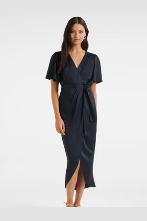 Forever New V-Neck Flared Sleeve Satin Midi Dress