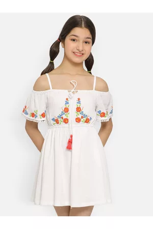 Natilene Girls Floral Embroidered Tie-Up Detail Gathered A-Line Dress
