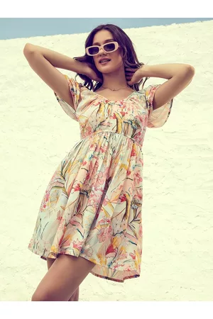 ATHENA Floral Print Off-Shoulder Flutter Sleeve Crepe Fit & Flare Dress