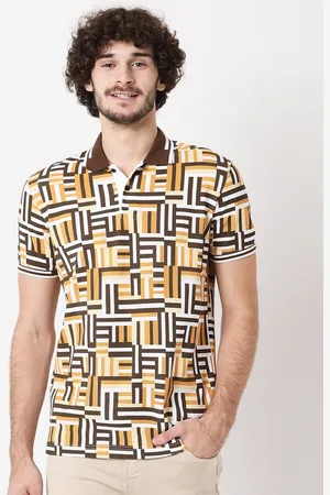 Mufti Men Mustard Yellow & Brown Printed Polo Collar Slim Fit Pure Cotton T-shirt