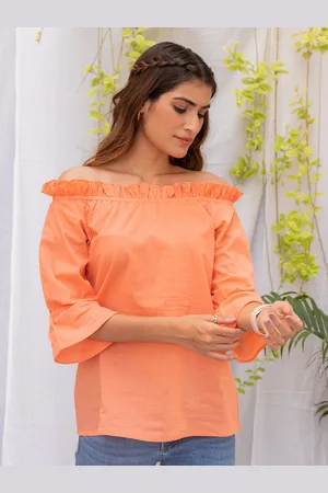 Kohsh Off-Shoulder Puffed Sleeves Ruffled Pure Cotton Bardot Top