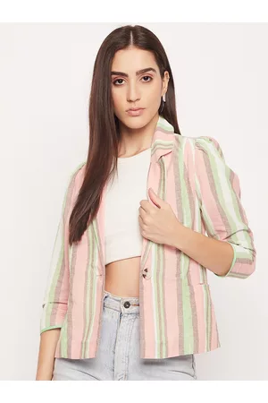 MADAME Women Striped Notched Lapel Collar Cotton Single-Breasted Blazer