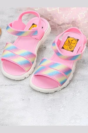 Yellow bee Girls Striped Open Toe Flats With Velcro Closure