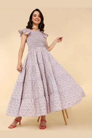 Mast & Harbour Purple Geometric Printed Smocked Flutter Sleeve Maxi Dress
