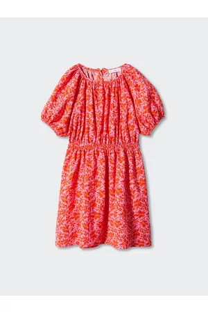 MANGO Girls Floral Print Puff Sleeve A-Line Waisted Dress
