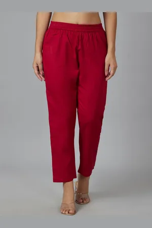 Globus Women Maroon Mid-Rise Smart Straight Fit Pleated Cropped Pure Cotton Trousers