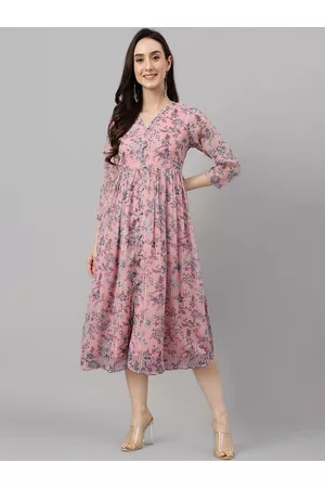 Janasya Pink Floral Print Chiffon A-Line Midi Dress