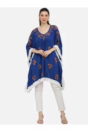 FAWOMENT Flared Sleeves Ethnic Motifs Chikankari Printed Kaftan Kurta